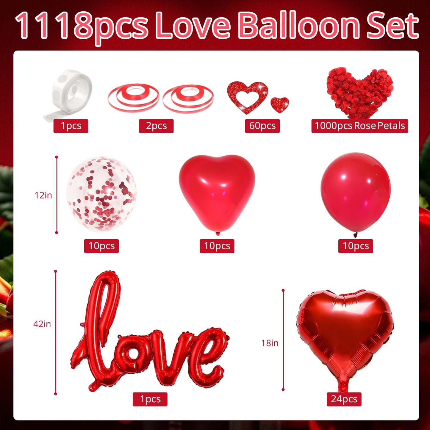LAOREI Valentine’s Decorations Kit – GiantLOVE Balloon, Red Petals & Heart Ornaments