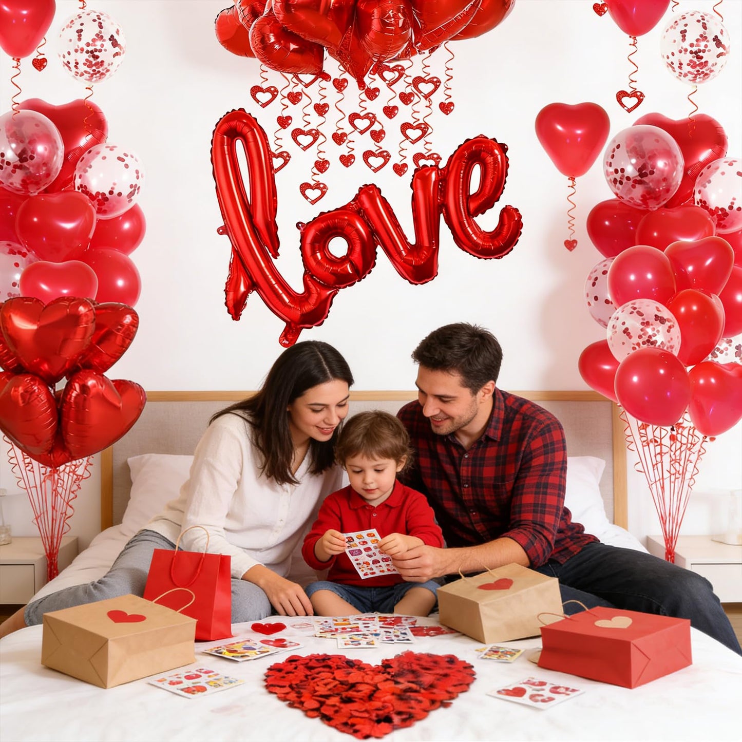 LAOREI Valentine’s Decorations Kit – GiantLOVE Balloon, Red Petals & Heart Ornaments