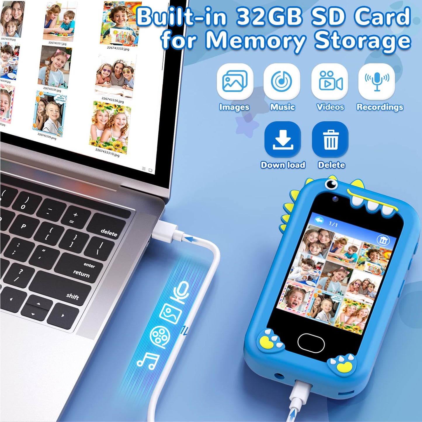 Lapare Kids Phone for Boys – Dual Camera Toy Smartphone with Music, Games & 32GB SD Card