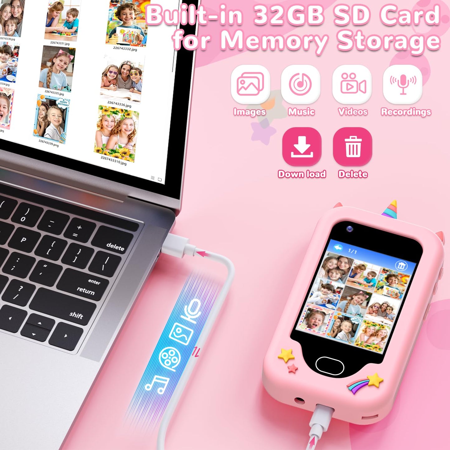Lapare Kids Smart Phone for Girls – 32GB Educational Toy with Dual Cameras