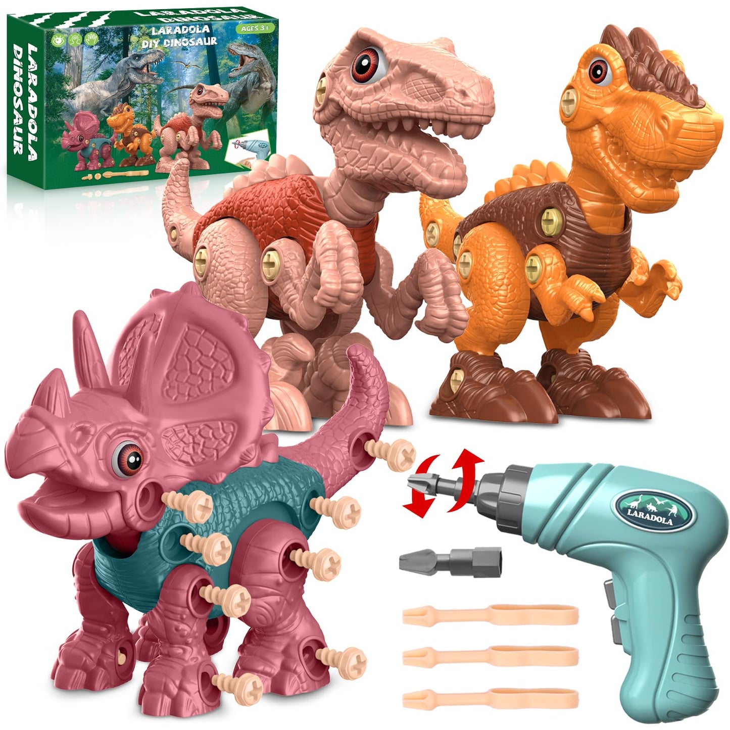 Laradola Take Apart Dinosaur Toys – STEM Building Kit with Electric Drill for Kids Aged 3-8 | Blush Pink RS009-2