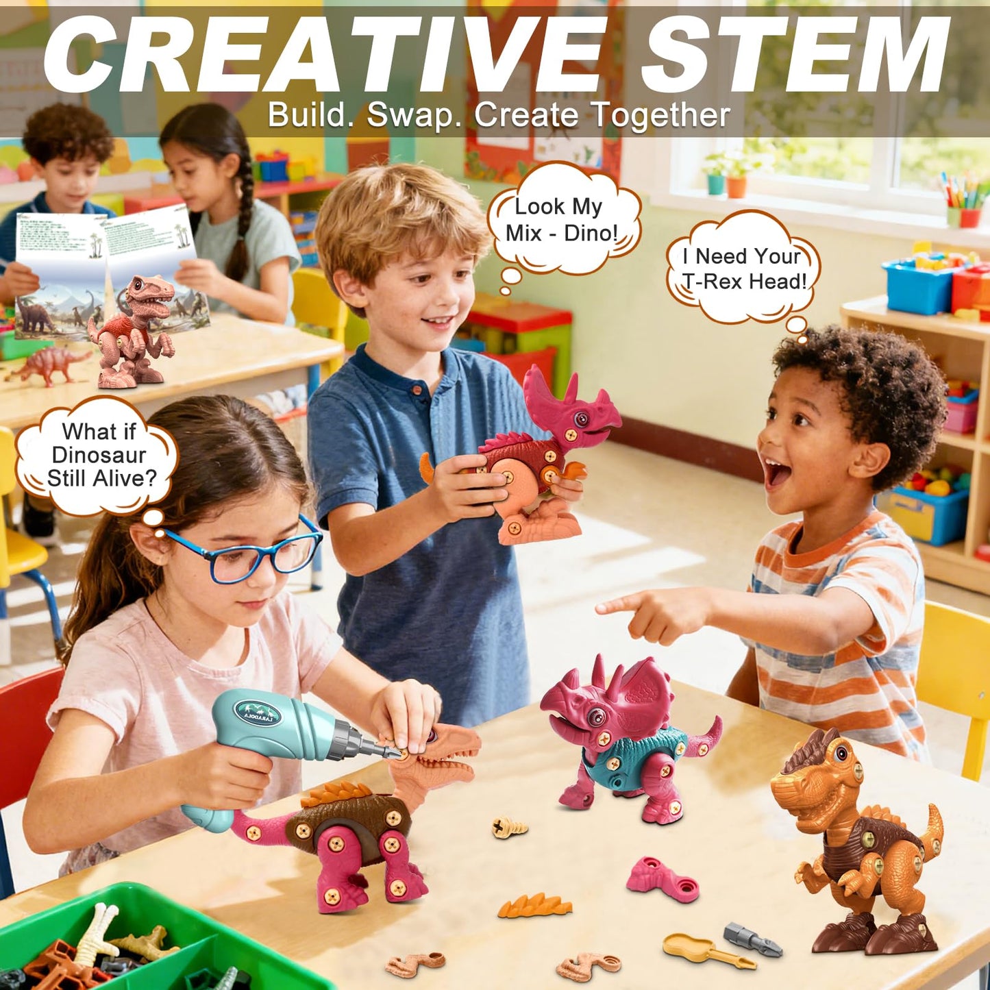 Laradola Take Apart Dinosaur Toys – STEM Building Kit with Electric Drill for Kids Aged 3-8 | Blush Pink RS009-2