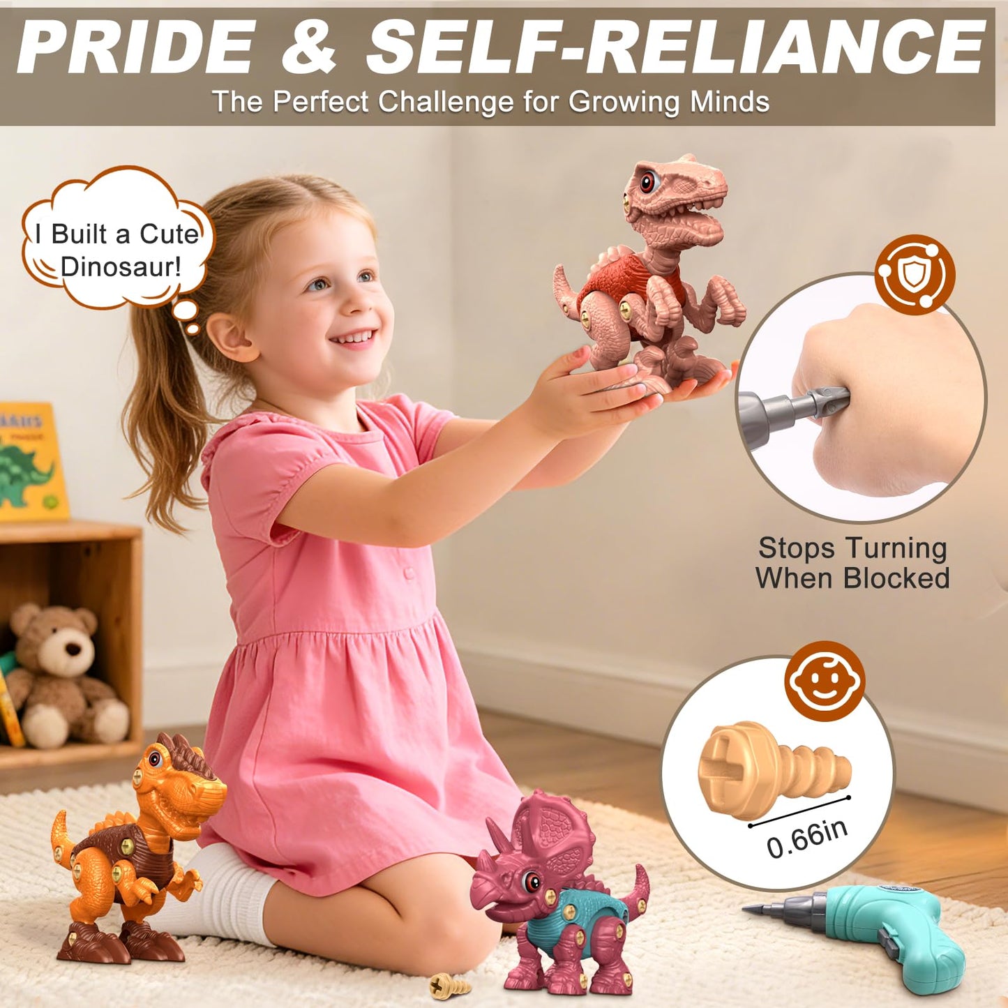 Laradola Take Apart Dinosaur Toys – STEM Building Kit with Electric Drill for Kids Aged 3-8 | Blush Pink RS009-2