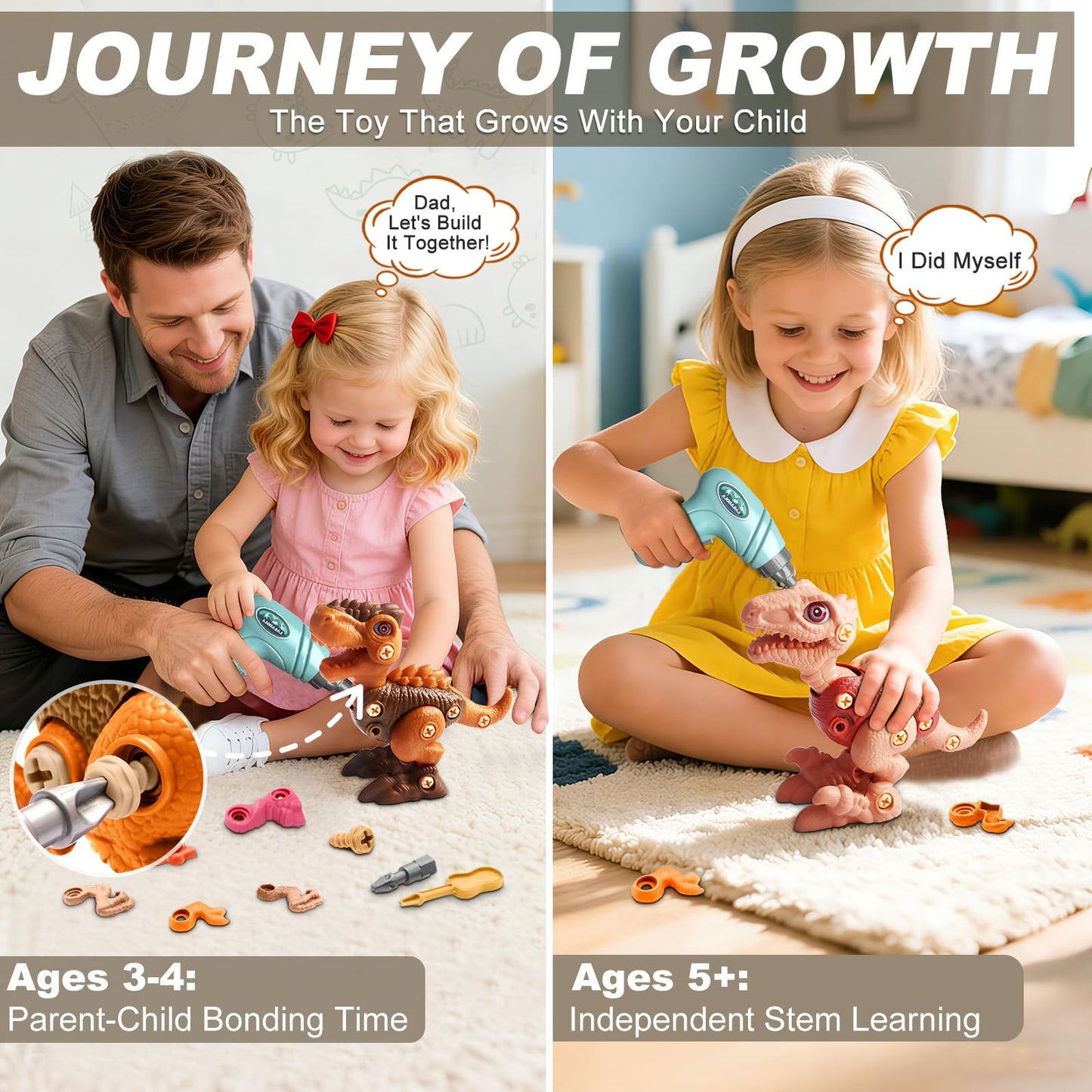 Laradola Take Apart Dinosaur Toys – STEM Building Kit with Electric Drill for Kids Aged 3-8 | Blush Pink RS009-2