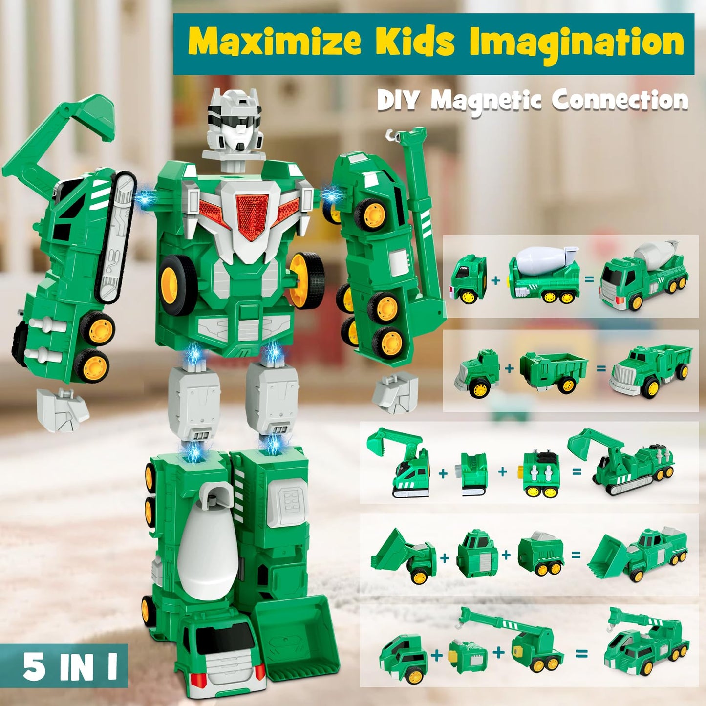Laradola 5-in-1 Transform Robot Toys for Kids 3-6 | STEM Building Cars