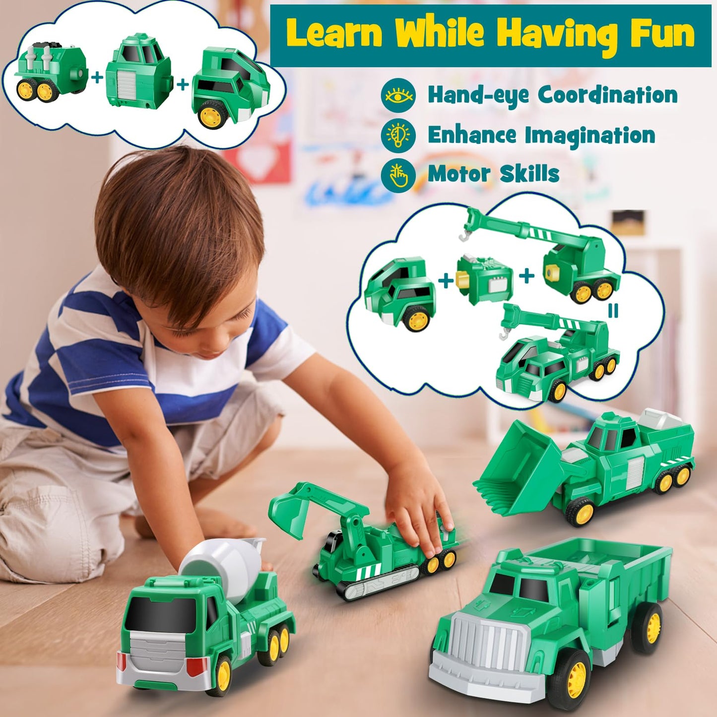 Laradola 5-in-1 Transform Robot Toys for Kids 3-6 | STEM Building Cars