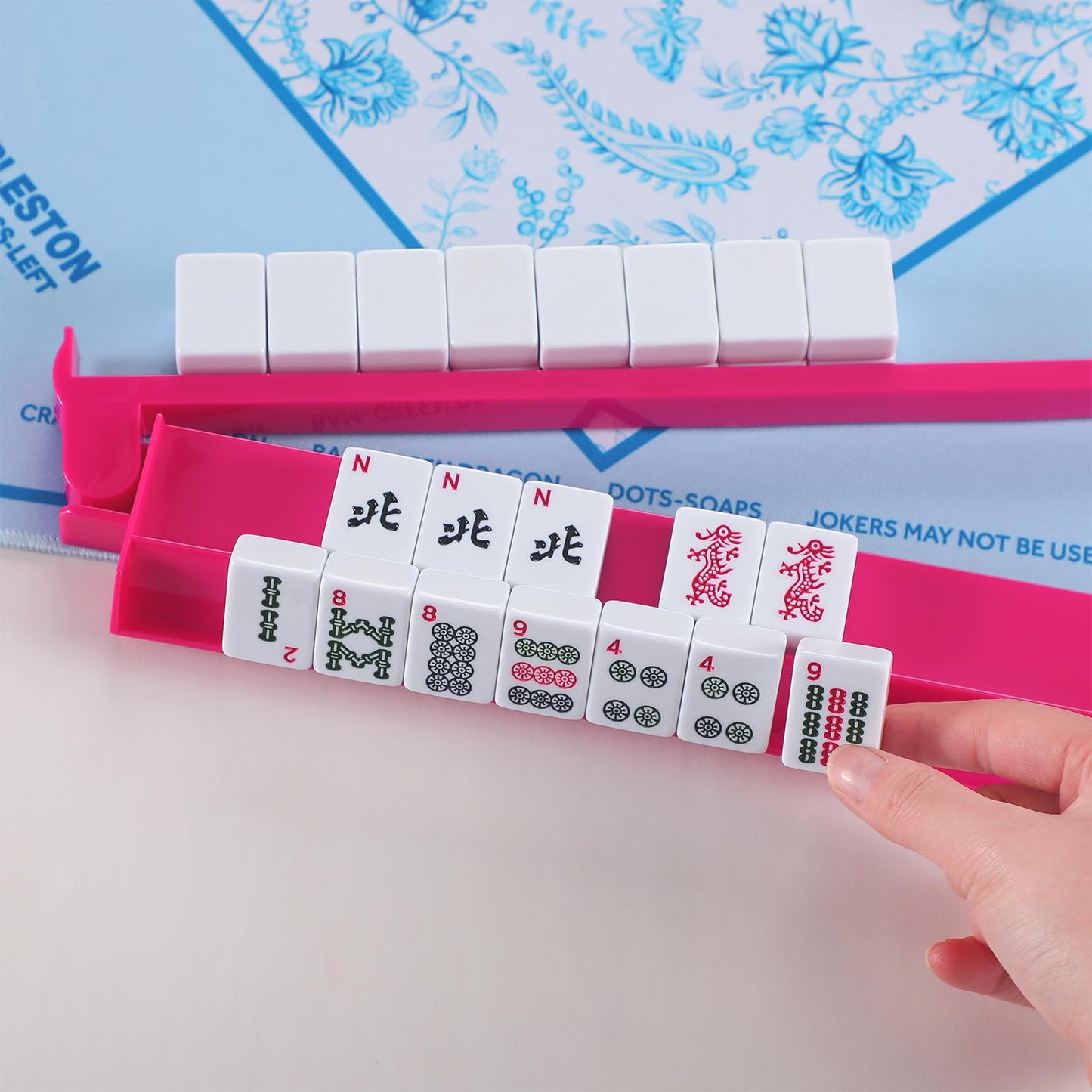 LaRandom 4 Pcs 18.7 Inch Hot Pink Acrylic Mahjong Tile Racks with Pushers – 4-Player American Mahjong Set