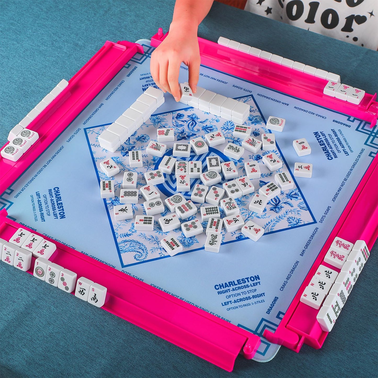 LaRandom 4 Pcs 18.7 Inch Hot Pink Acrylic Mahjong Tile Racks with Pushers – 4-Player American Mahjong Set
