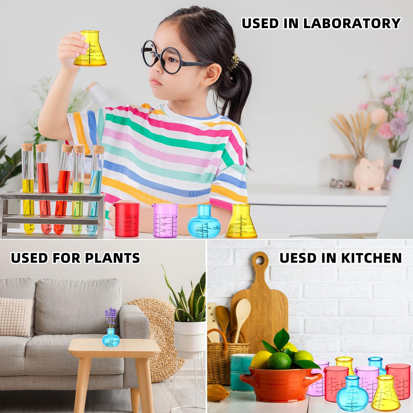 LaRandom 8-Piece Science Measuring Flask Set for Kids, 30ml Plastic Beakers – DIY Lab Kit
