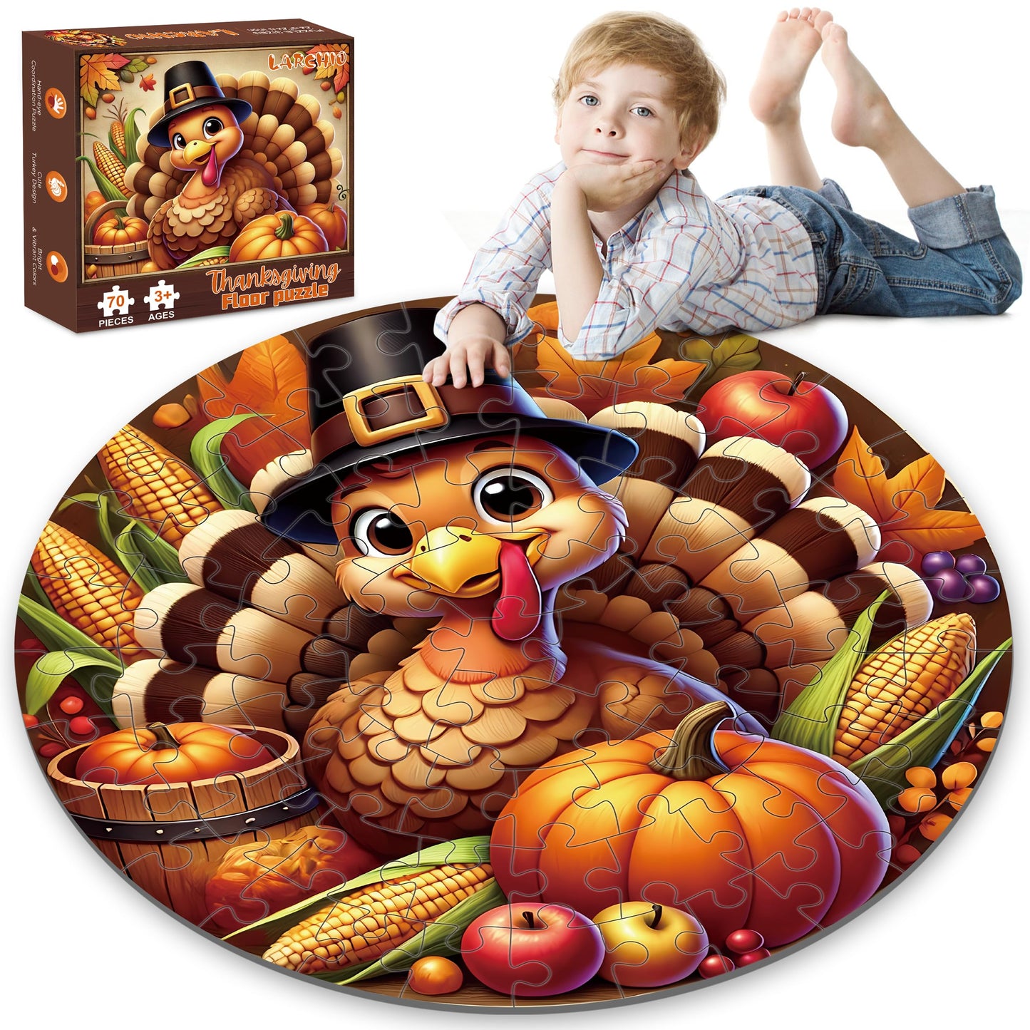 Thanksgiving Floor Puzzle 70pcs – Large 22.4in Jigsaw for Kids 4-8 | Larchio