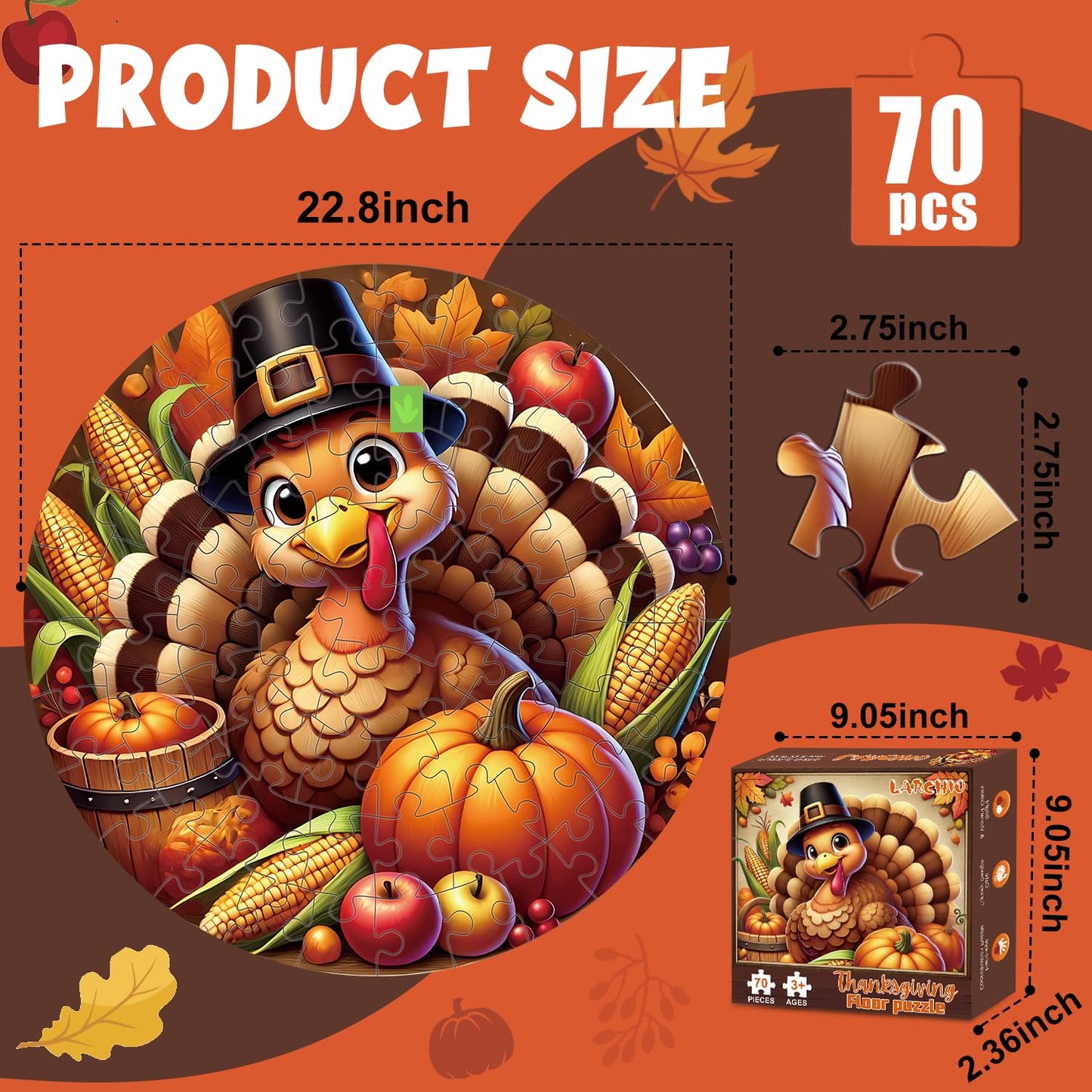 Thanksgiving Floor Puzzle 70pcs – Large 22.4in Jigsaw for Kids 4-8 | Larchio