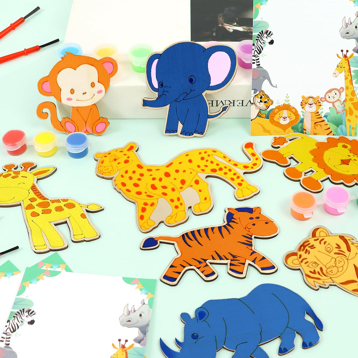 LARDUX Safari Party Favors – 24 DIY Wood Painting Kits with Glow Paints (8 Animal Shapes)