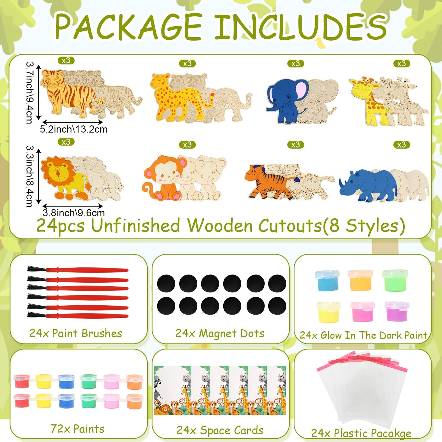 LARDUX Safari Party Favors – 24 DIY Wood Painting Kits with Glow Paints (8 Animal Shapes)