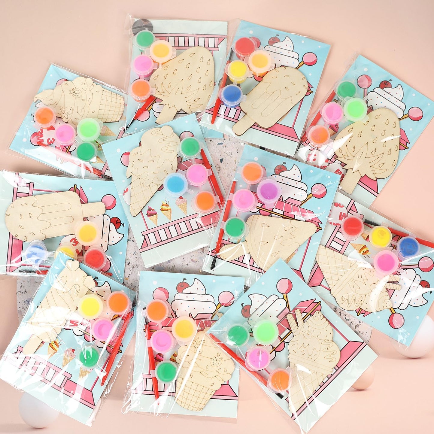 LARDUX 24pcs Ice Cream Party Favors – 8 Styles Unfinished Wood Chips Craft Kit