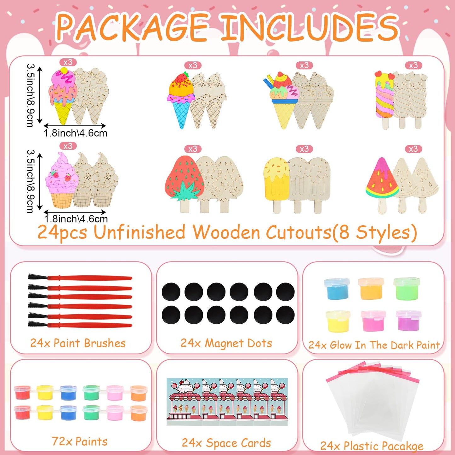 LARDUX 24pcs Ice Cream Party Favors – 8 Styles Unfinished Wood Chips Craft Kit
