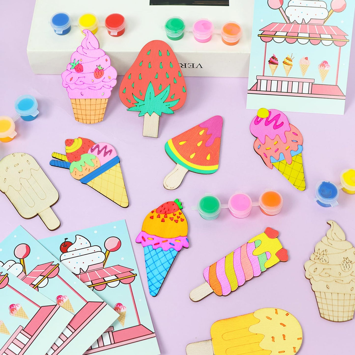 LARDUX 24pcs Ice Cream Party Favors – 8 Styles Unfinished Wood Chips Craft Kit