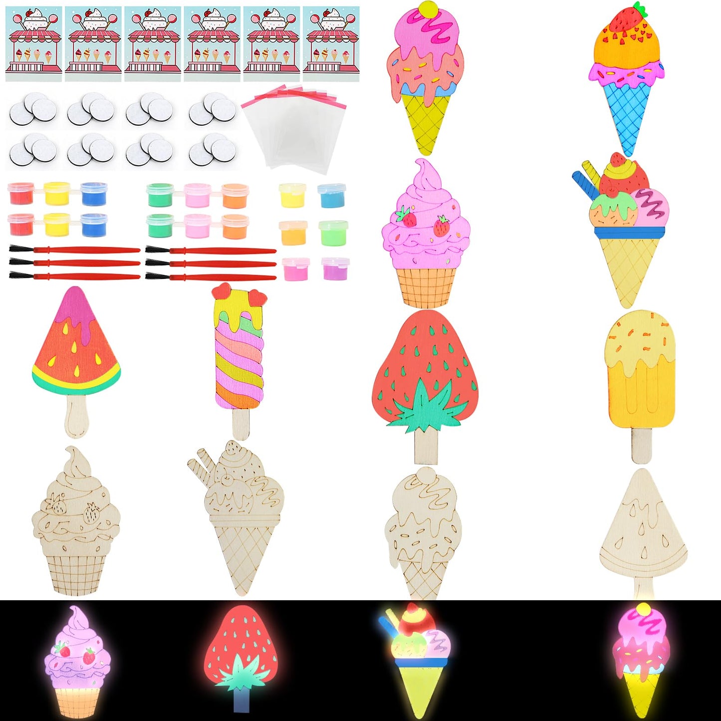 LARDUX 24pcs Ice Cream Party Favors – 8 Styles Unfinished Wood Chips Craft Kit