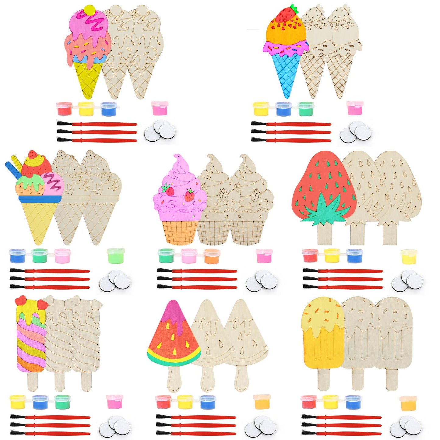 LARDUX 24pcs Ice Cream Party Favors – 8 Styles Unfinished Wood Chips Craft Kit