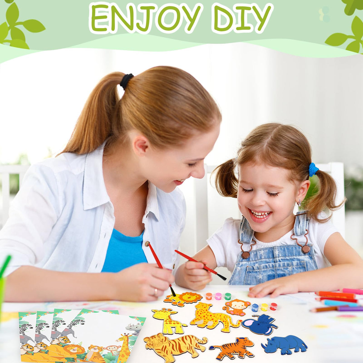LARDUX Safari Party Favors – 24 DIY Wood Painting Kits with Glow Paints (8 Animal Shapes)