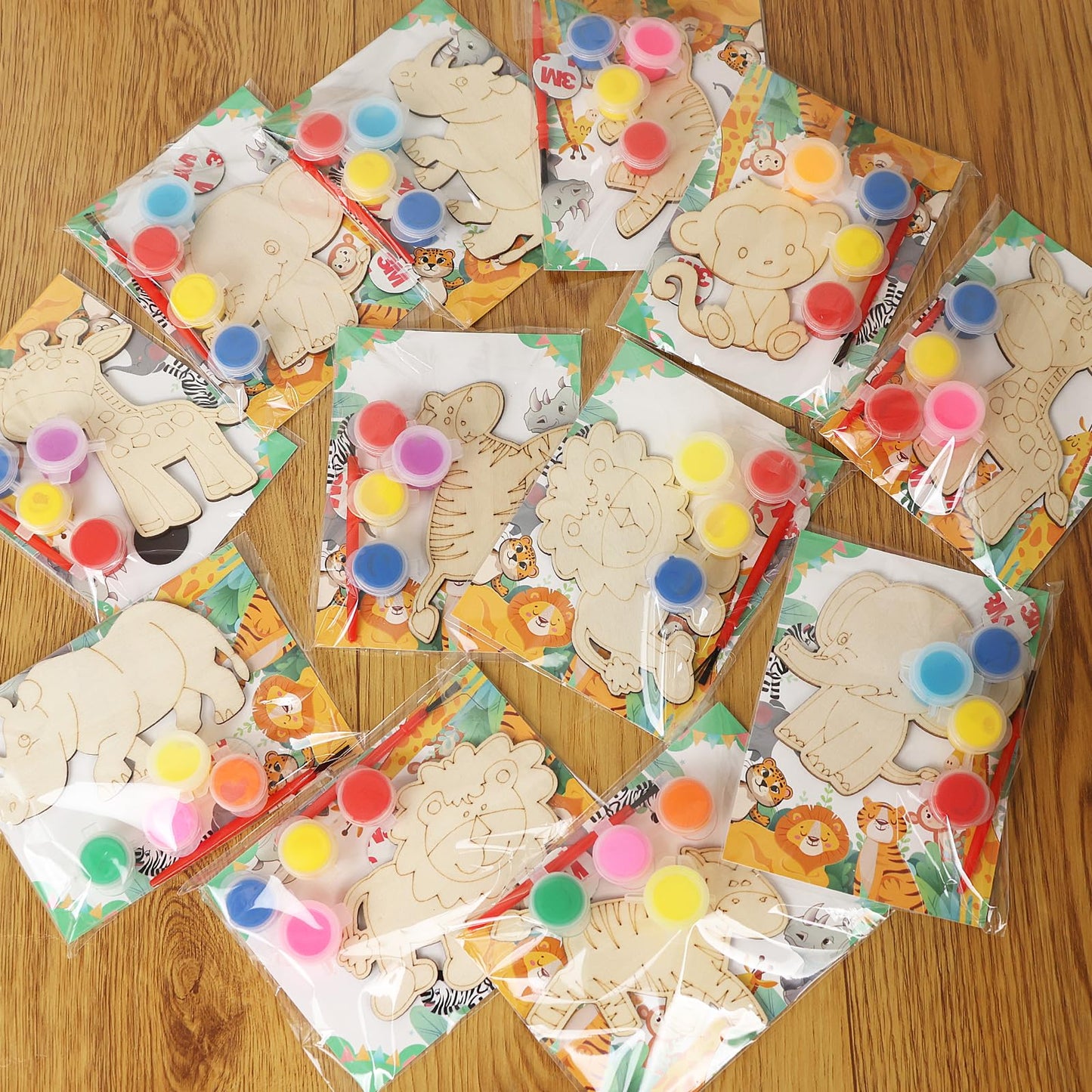 LARDUX Safari Party Favors – 24 DIY Wood Painting Kits with Glow Paints (8 Animal Shapes)