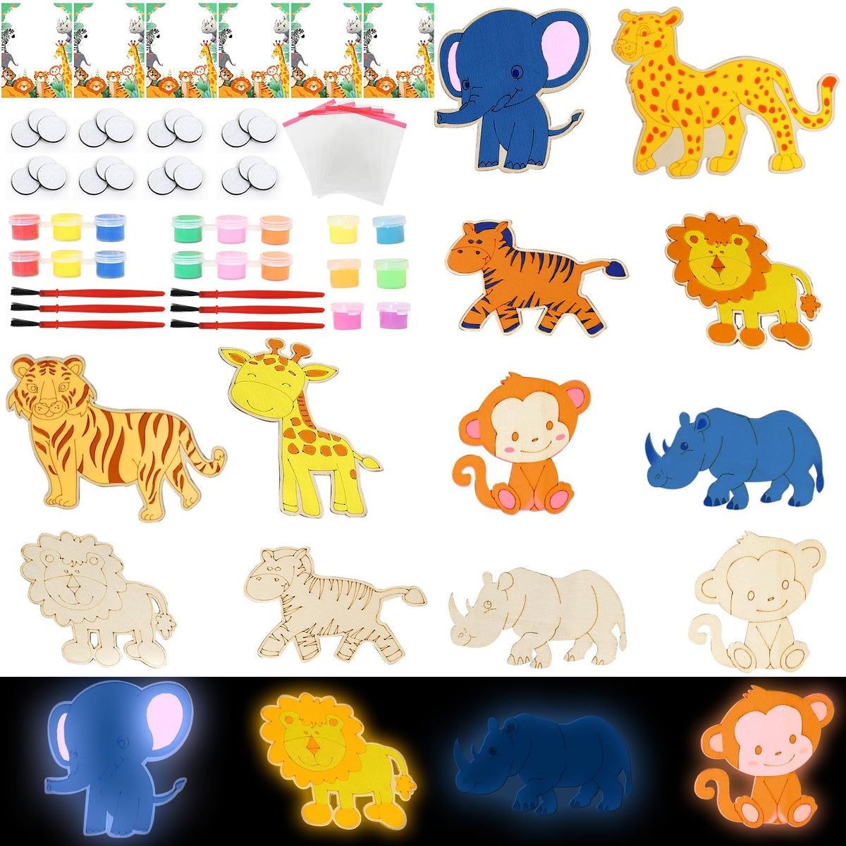 LARDUX Safari Party Favors – 24 DIY Wood Painting Kits with Glow Paints (8 Animal Shapes)