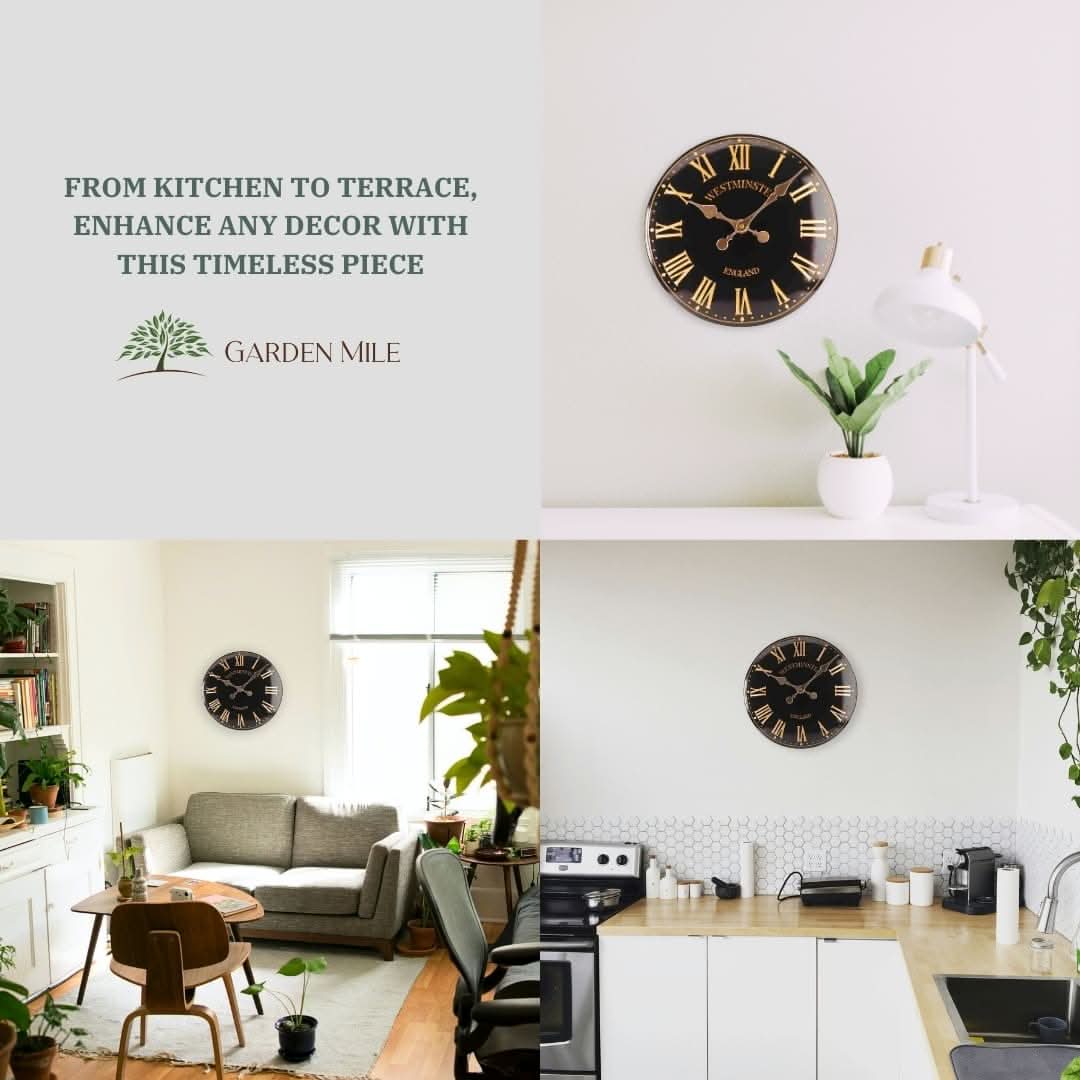 38cm Black Westminster Garden Wall Clock with Thermometer