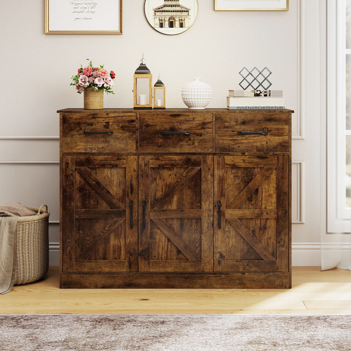 108cm Large Sideboard Storage Cabinet with Adjustable Shelves and Doors-White