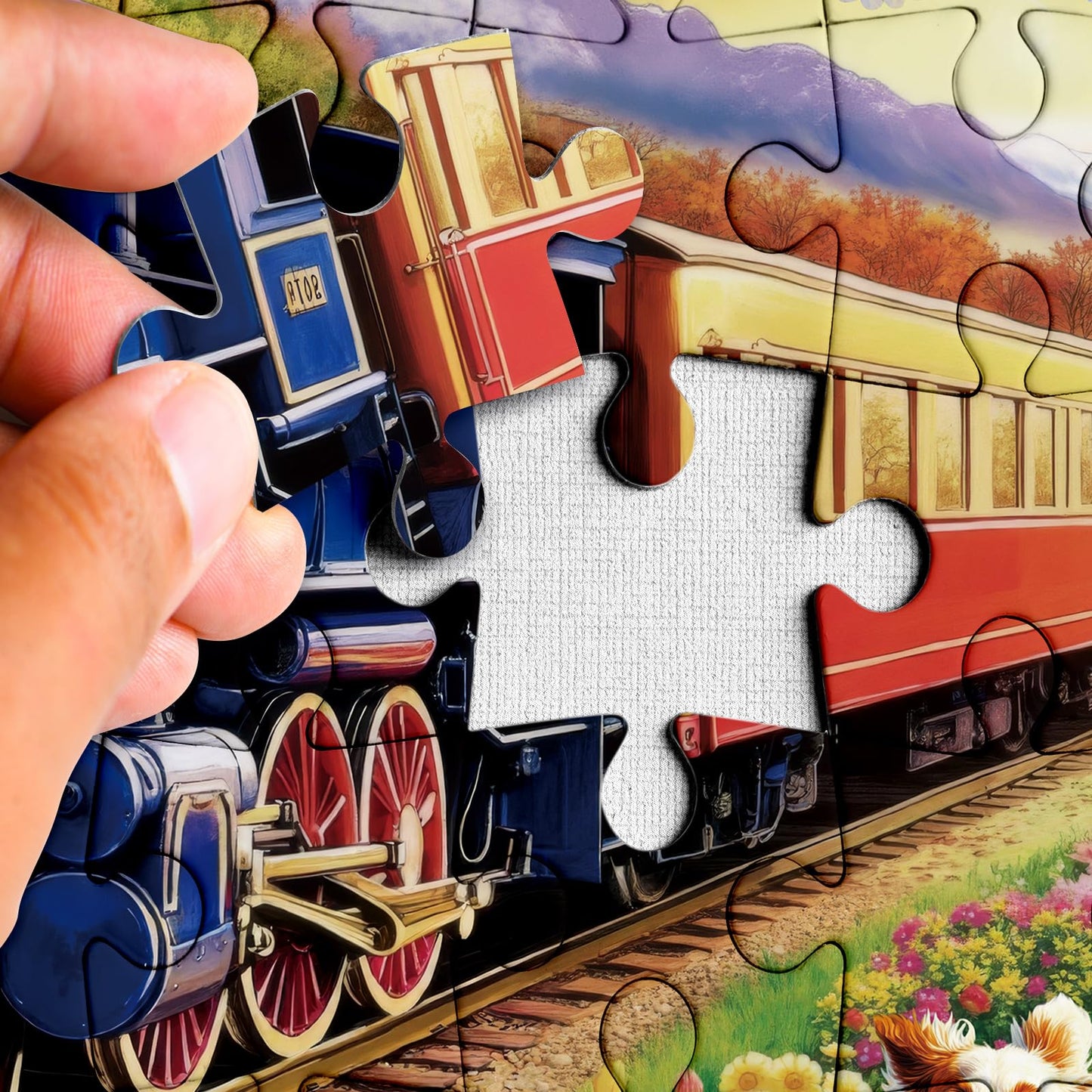 Larkipuzz 1000-Piece Train and Dogs Jigsaw Puzzle for Adults – Colorful Landscape Scenes