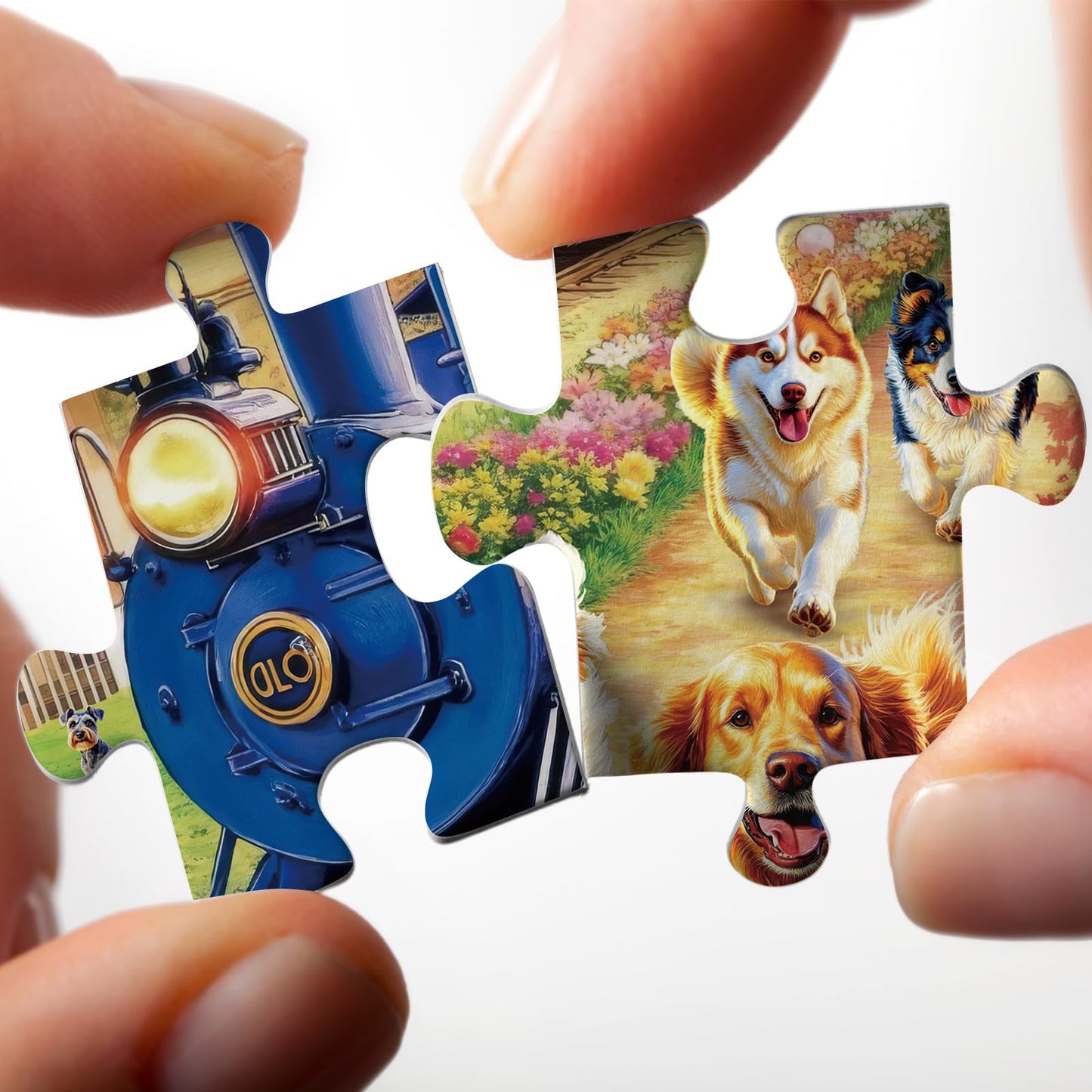 Larkipuzz 1000-Piece Train and Dogs Jigsaw Puzzle for Adults – Colorful Landscape Scenes