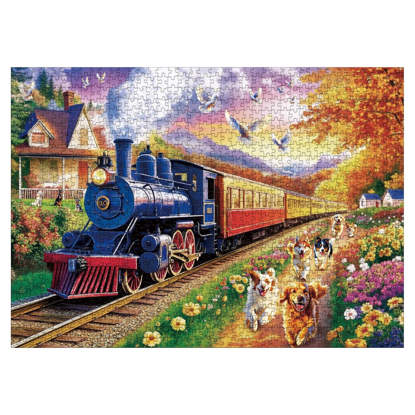 Larkipuzz 1000-Piece Train and Dogs Jigsaw Puzzle for Adults – Colorful Landscape Scenes
