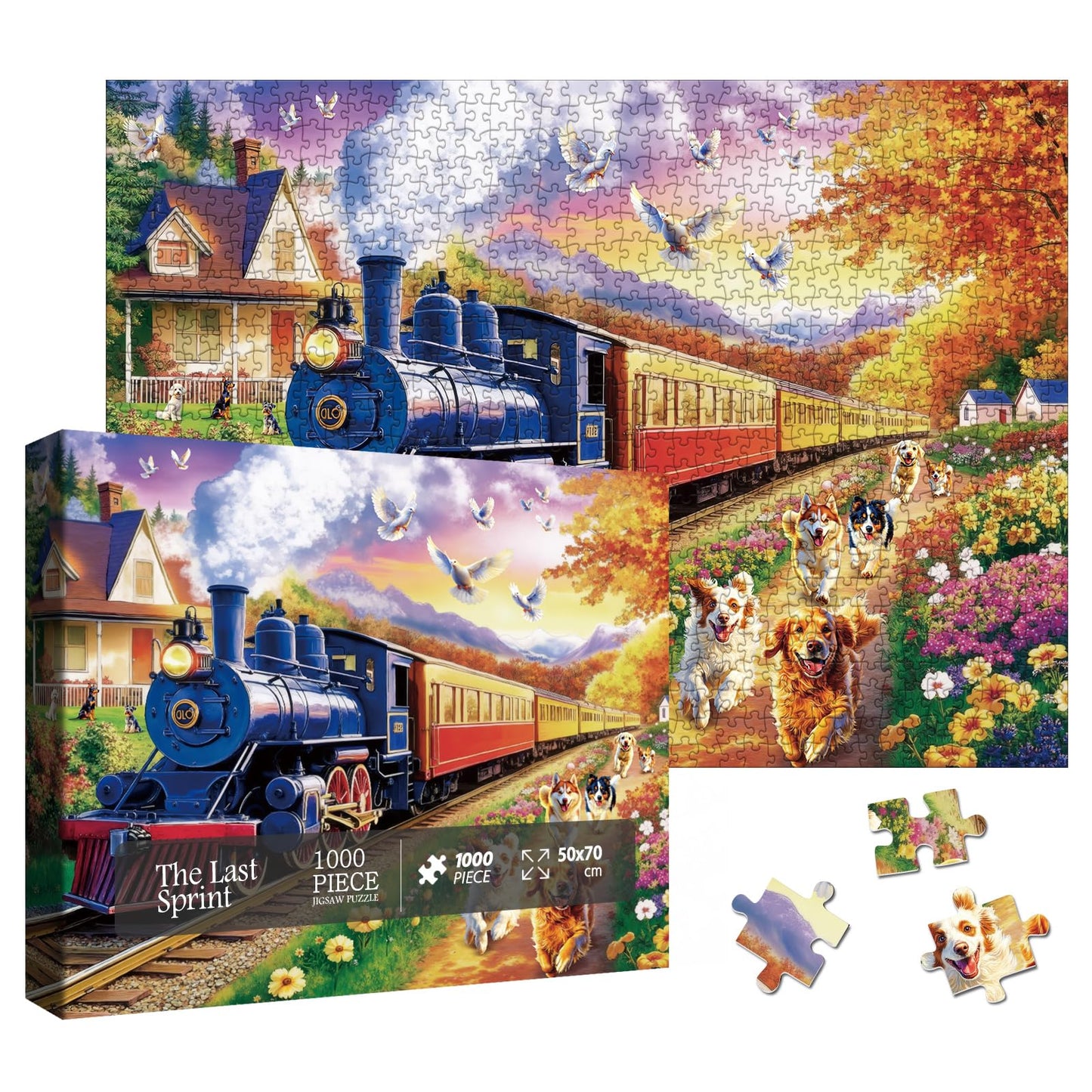 Larkipuzz 1000-Piece Train and Dogs Jigsaw Puzzle for Adults – Colorful Landscape Scenes