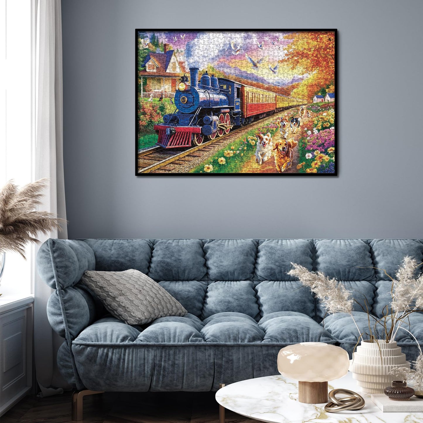 Larkipuzz 1000-Piece Train and Dogs Jigsaw Puzzle for Adults – Colorful Landscape Scenes