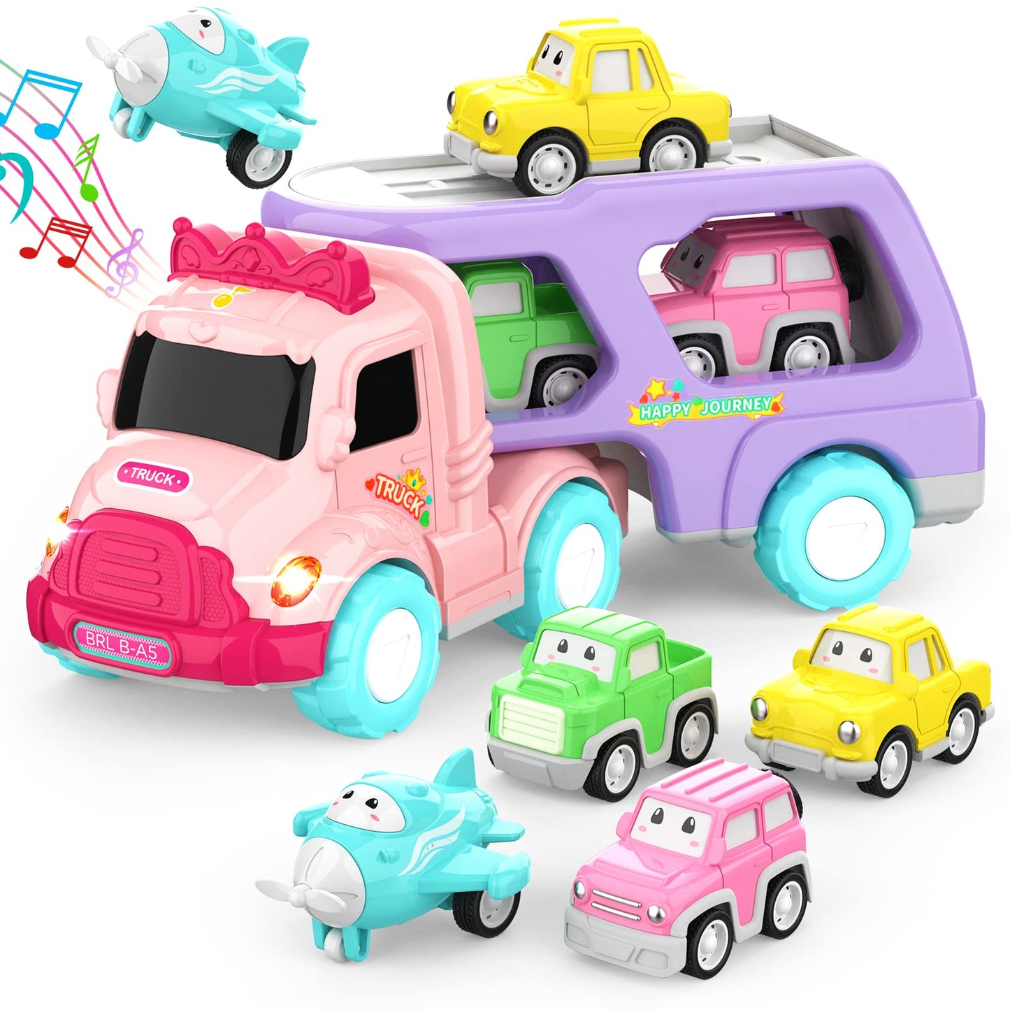LASCOTON 5-in-1 Carrier Truck Toy for Toddlers – Pink, Light & Sound