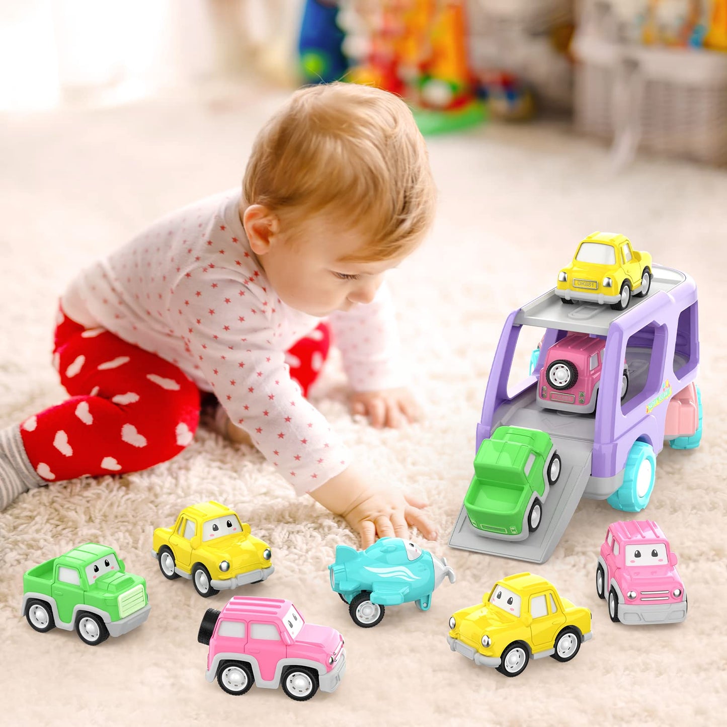 LASCOTON 5-in-1 Carrier Truck Toy for Toddlers – Pink, Light & Sound