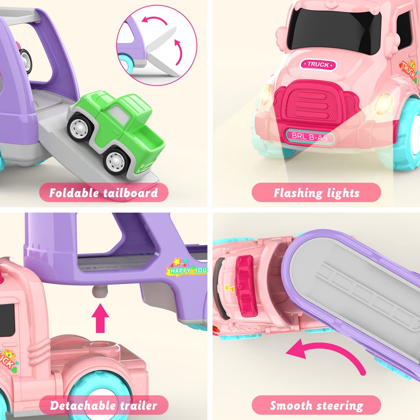 LASCOTON 5-in-1 Carrier Truck Toy for Toddlers – Pink, Light & Sound