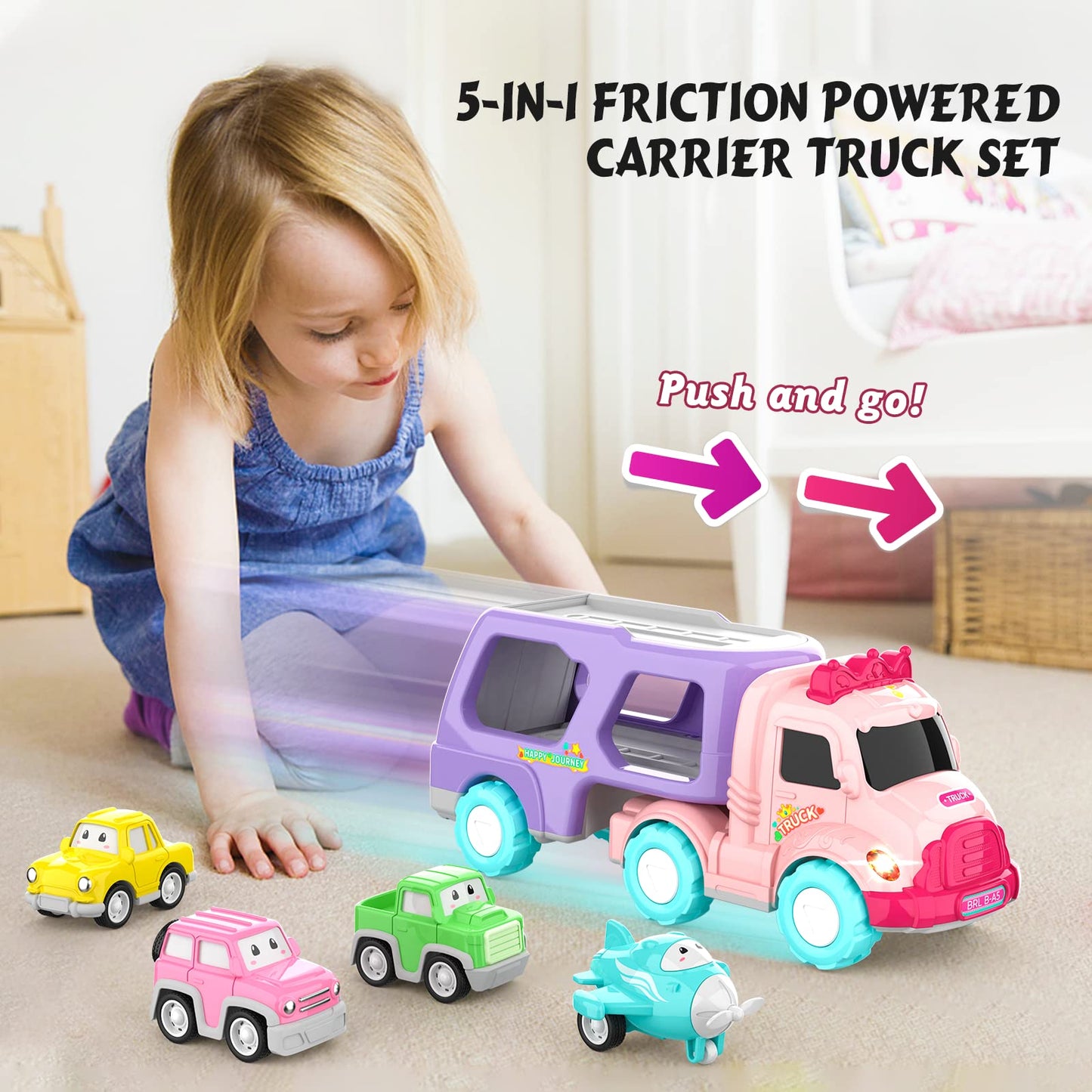 LASCOTON 5-in-1 Carrier Truck Toy for Toddlers – Pink, Light & Sound