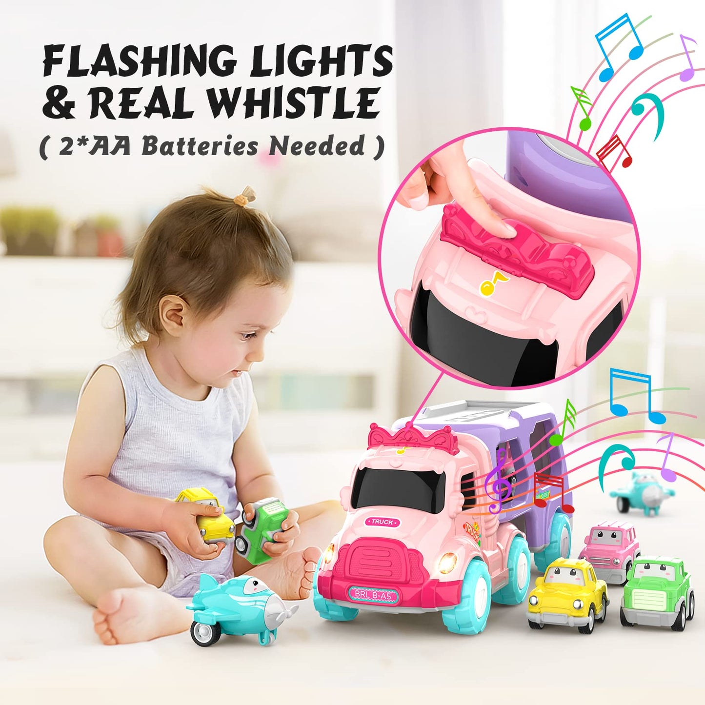 LASCOTON 5-in-1 Carrier Truck Toy for Toddlers – Pink, Light & Sound