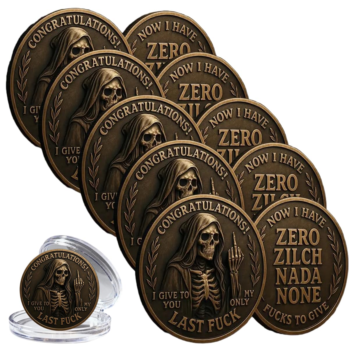 Last Fuck to Give Challenge Coin — Funny Double-Sided Skull Token (5PCS)