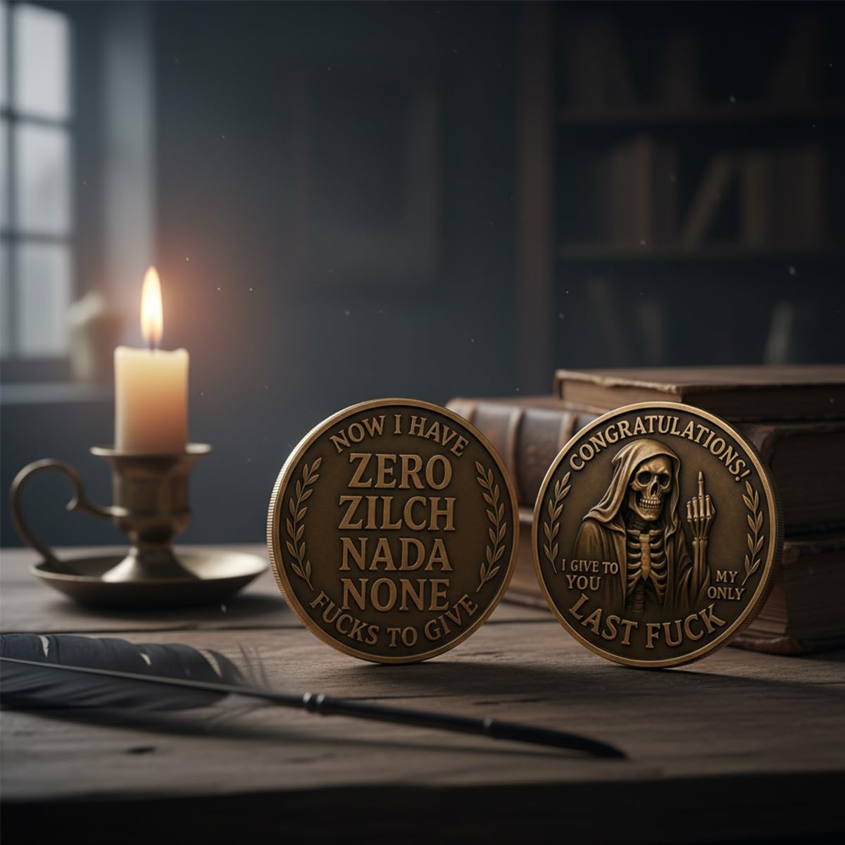 Last Fuck to Give Challenge Coin — Funny Double-Sided Skull Token (5PCS)