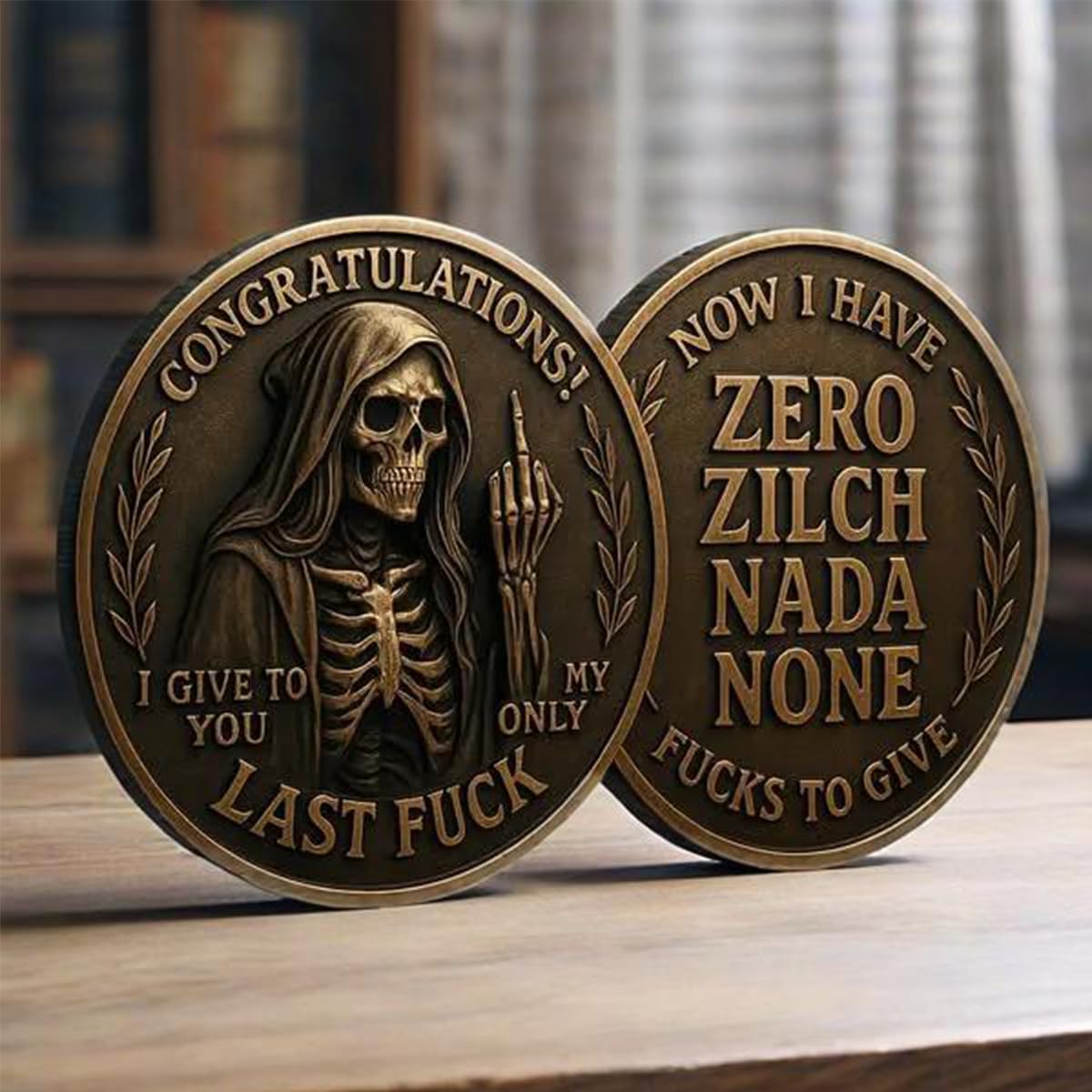 Last Fuck to Give Challenge Coin — Funny Double-Sided Skull Token (5PCS)