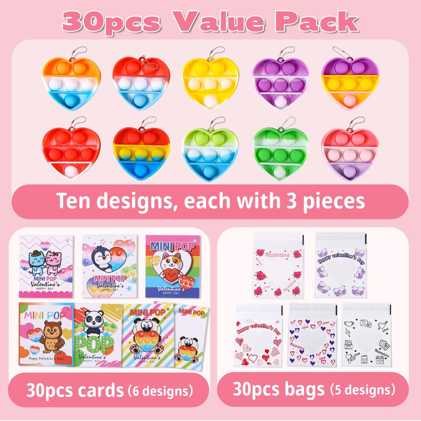 Lateefah Valentines Day Gifts for Kids – 30 Mini Pop Fidget Toys & Cards