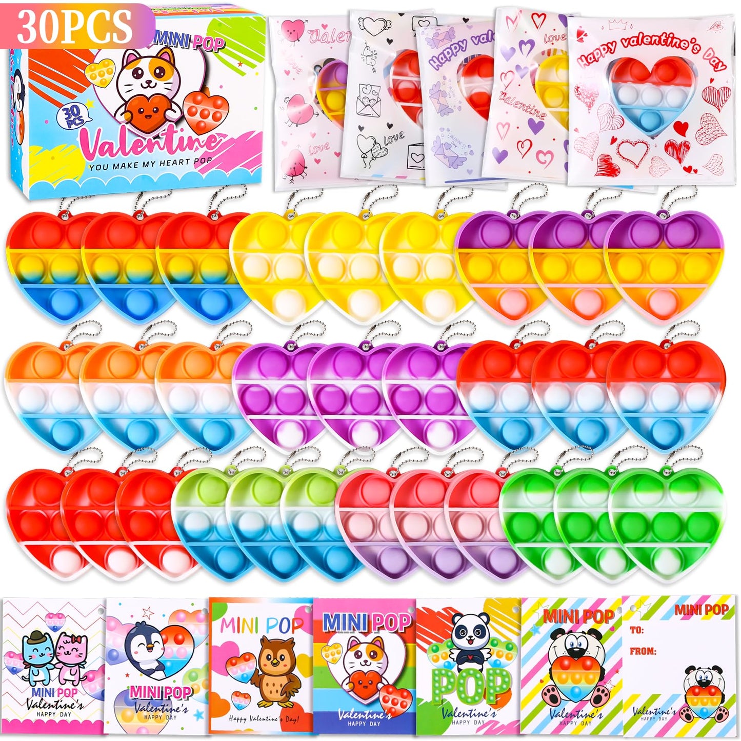 Lateefah Valentines Day Gifts for Kids – 30 Mini Pop Fidget Toys & Cards