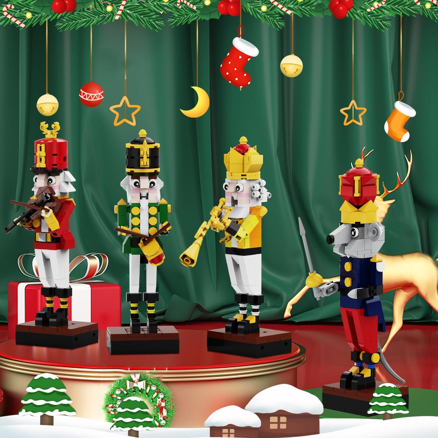 Latephiy Christmas Nutcracker Building Kit – 697 Pcs, 4-in-1 Lego-Compatible Desk Ornament (Drummer, Trumpet, Violin, Mouse King)