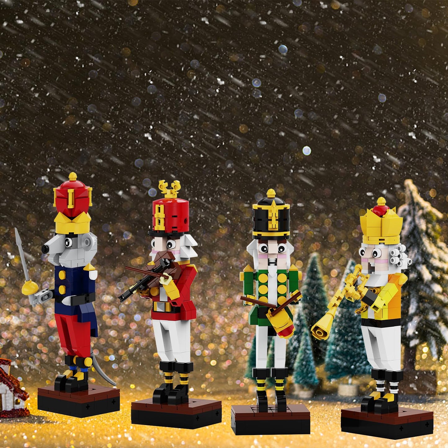 Latephiy Christmas Nutcracker Building Kit – 697 Pcs, 4-in-1 Lego-Compatible Desk Ornament (Drummer, Trumpet, Violin, Mouse King)
