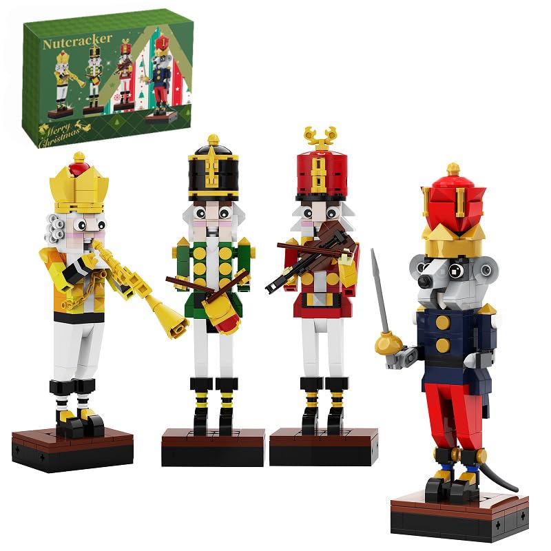 Latephiy Christmas Nutcracker Building Kit – 697 Pcs, 4-in-1 Lego-Compatible Desk Ornament (Drummer, Trumpet, Violin, Mouse King)