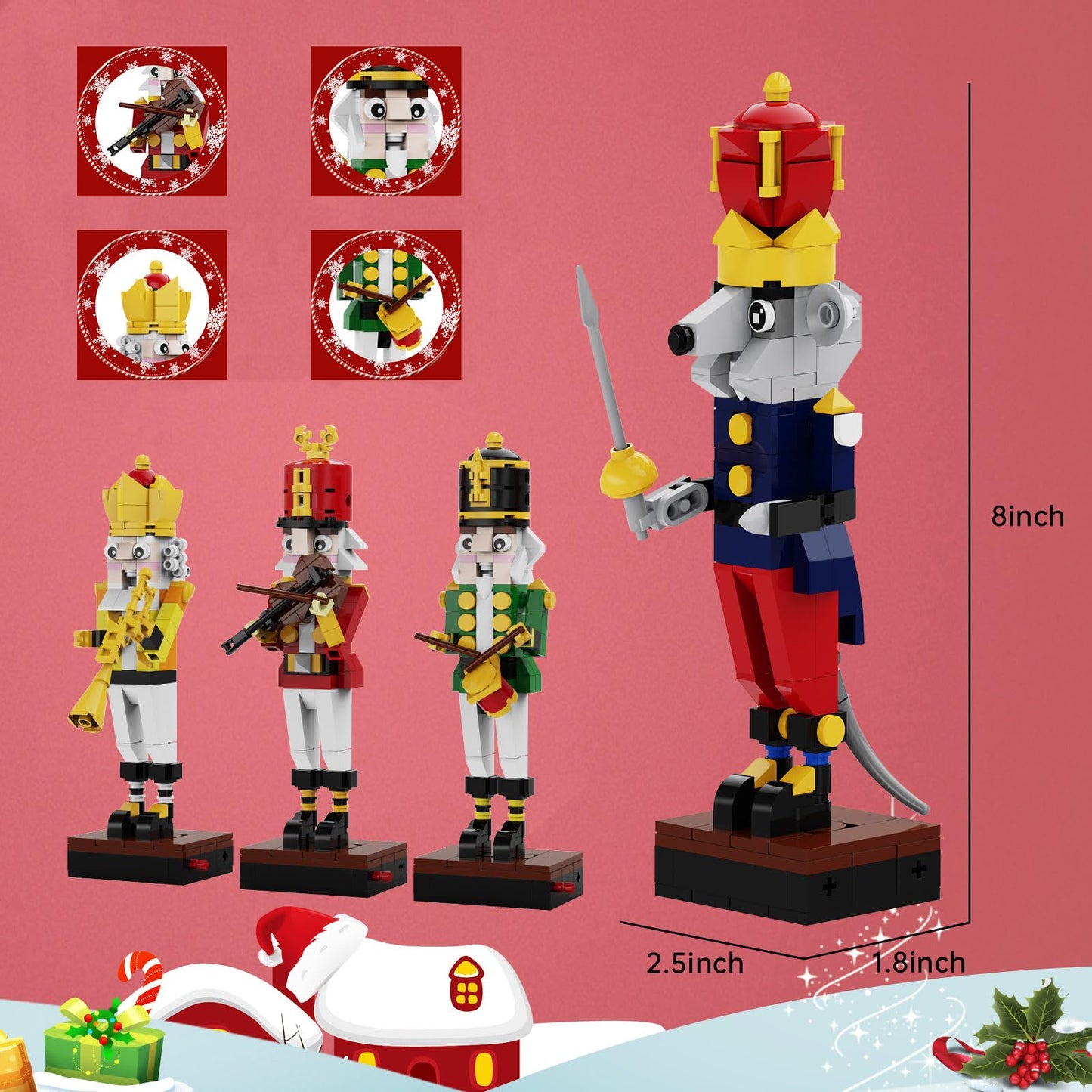 Latephiy Christmas Nutcracker Building Kit – 697 Pcs, 4-in-1 Lego-Compatible Desk Ornament (Drummer, Trumpet, Violin, Mouse King)