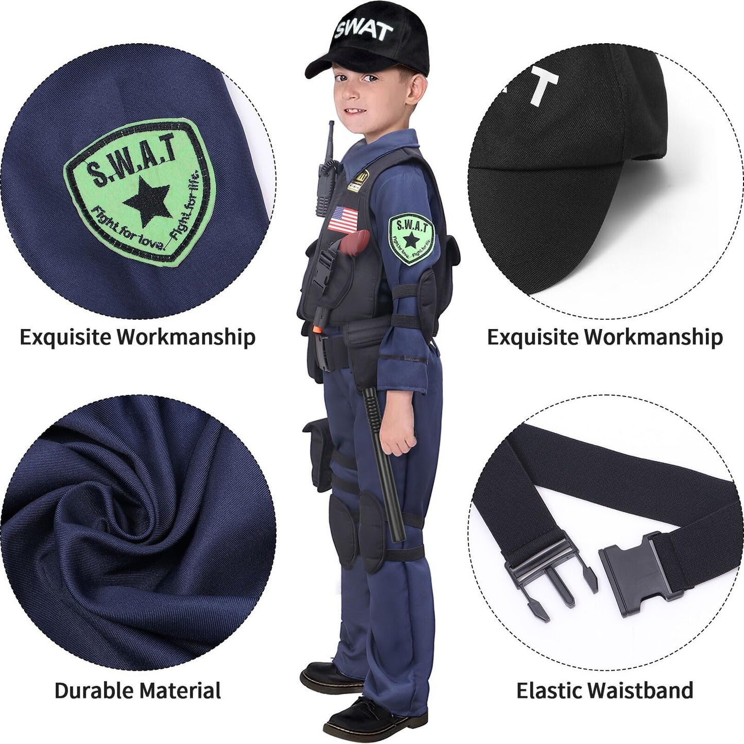 Latocos 15-Piece SWAT Police Officer Costume for Kids – Vest & Accessories Dress Up Kit for Halloween