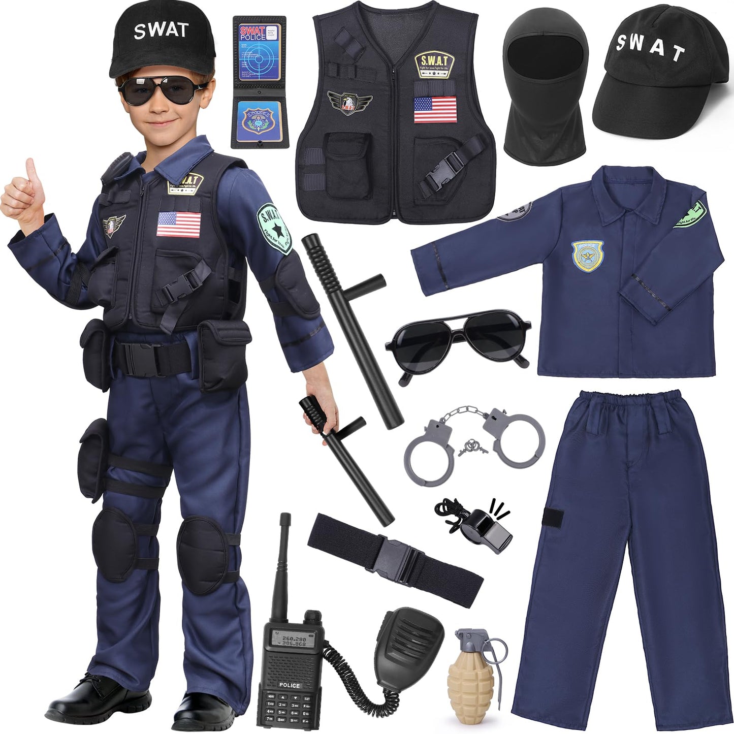 Latocos 15-Piece SWAT Police Officer Costume for Kids – Vest & Accessories Dress Up Kit for Halloween
