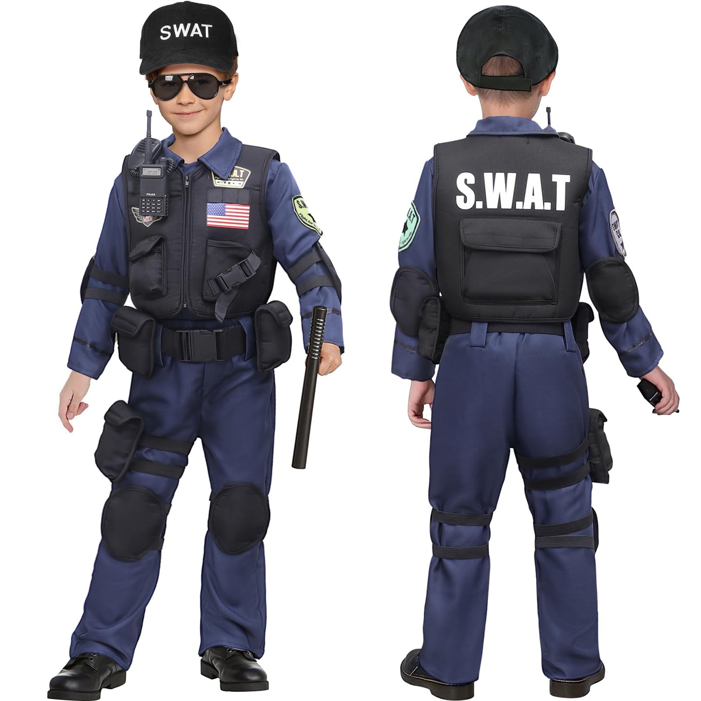 Latocos 15-Piece SWAT Police Officer Costume for Kids – Vest & Accessories Dress Up Kit for Halloween