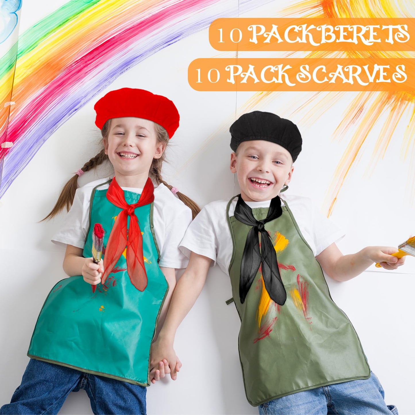 Laumoi 20-Pcs Halloween Beret Set for Kids — French Berets with Color Neck Scarves